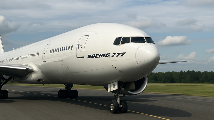 Пассажирский самолет Boeing 777 на рулежной дорожке в дневное время