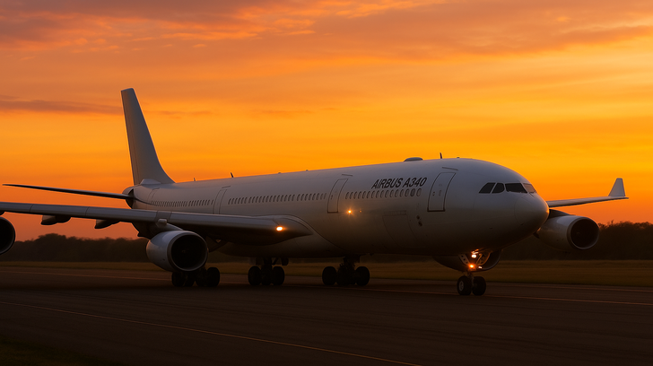 Пассажирский самолет Airbus A340 на фоне закатного неба